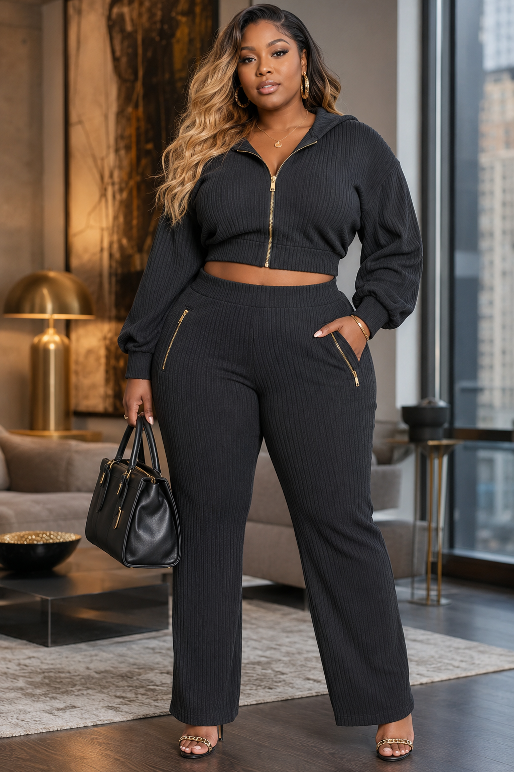 Plus size ribbed hoodie and wide-leg pants set in black, featuring gold accents and a relaxed fit.