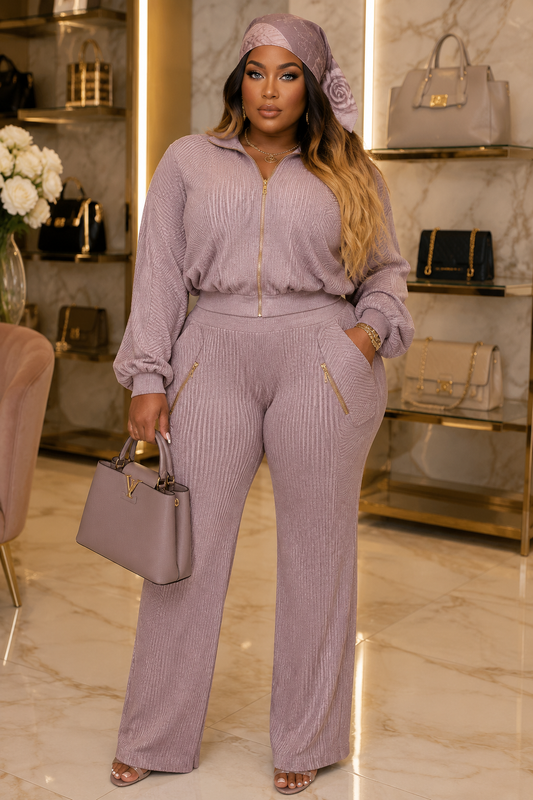 Plus size ribbed hoodie and wide-leg pants set in lavender, styled with handbag and scarf.