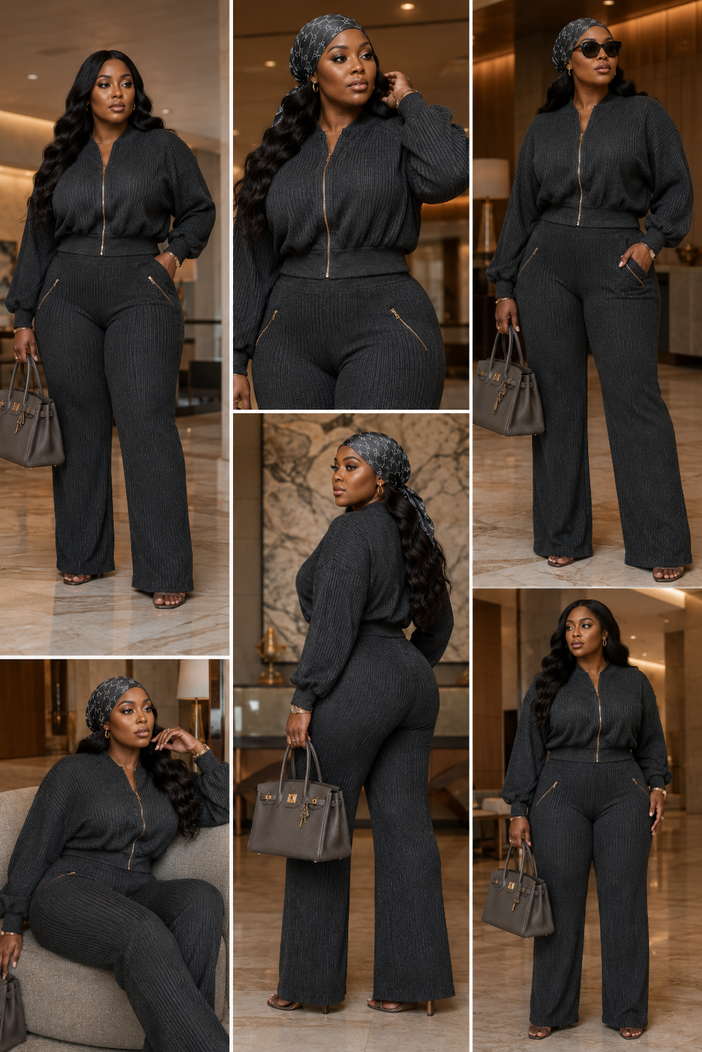 Plus size ribbed hoodie and wide-leg pants set in dark gray, styled with accessories for a chic look.