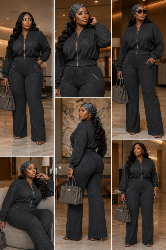 Plus size ribbed hoodie and wide-leg pants set in dark gray, styled with accessories for a chic look.