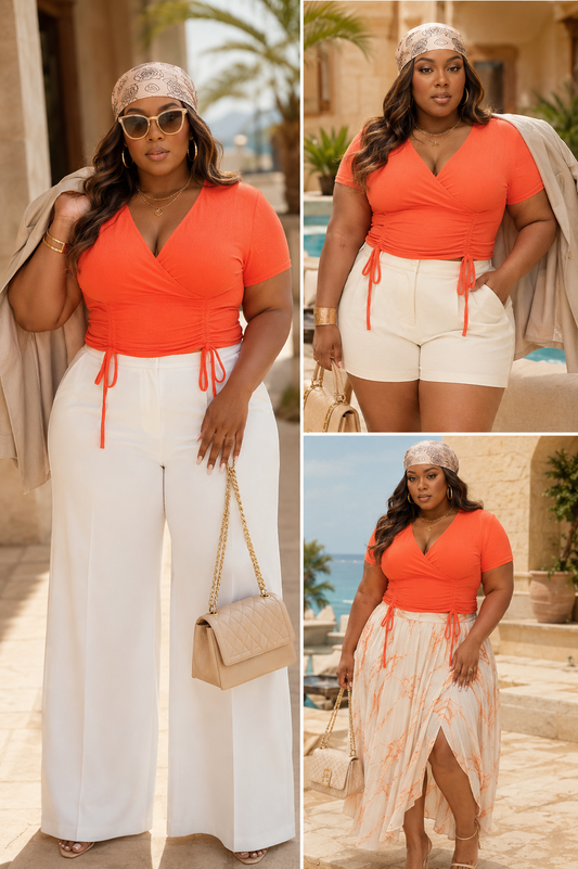 Rose In Concrete wrap tie V-neck top, stylish shirt with a flattering V-neckline and tie detail, in a casual and elegant design.