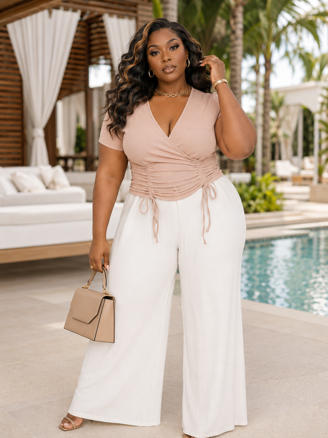 Rose In Concrete wrap tie V-neck top, stylish shirt with a flattering V-neck and wrap design, perfect for casual or dressy wear.