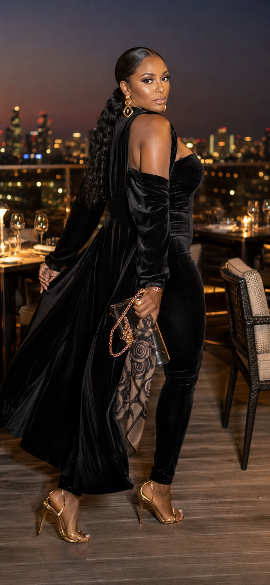 Velvet strapless jumpsuit and matching maxi cardigan set by Rose In Concrete, displayed on a hanger with a neutral background.