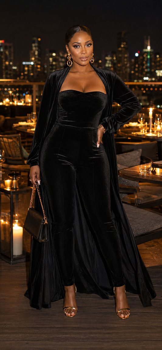 Velvet strapless jumpsuit and matching maxi cardigan set by Rose In Concrete, shown in a stylish, fitted design with soft fabric.