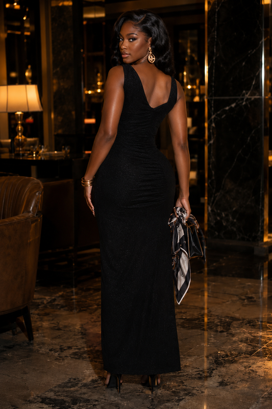 Rose In Concrete Midnight Spark one-shoulder slit maxi dress displayed on a hanger, featuring a flowing black fabric and elegant design.