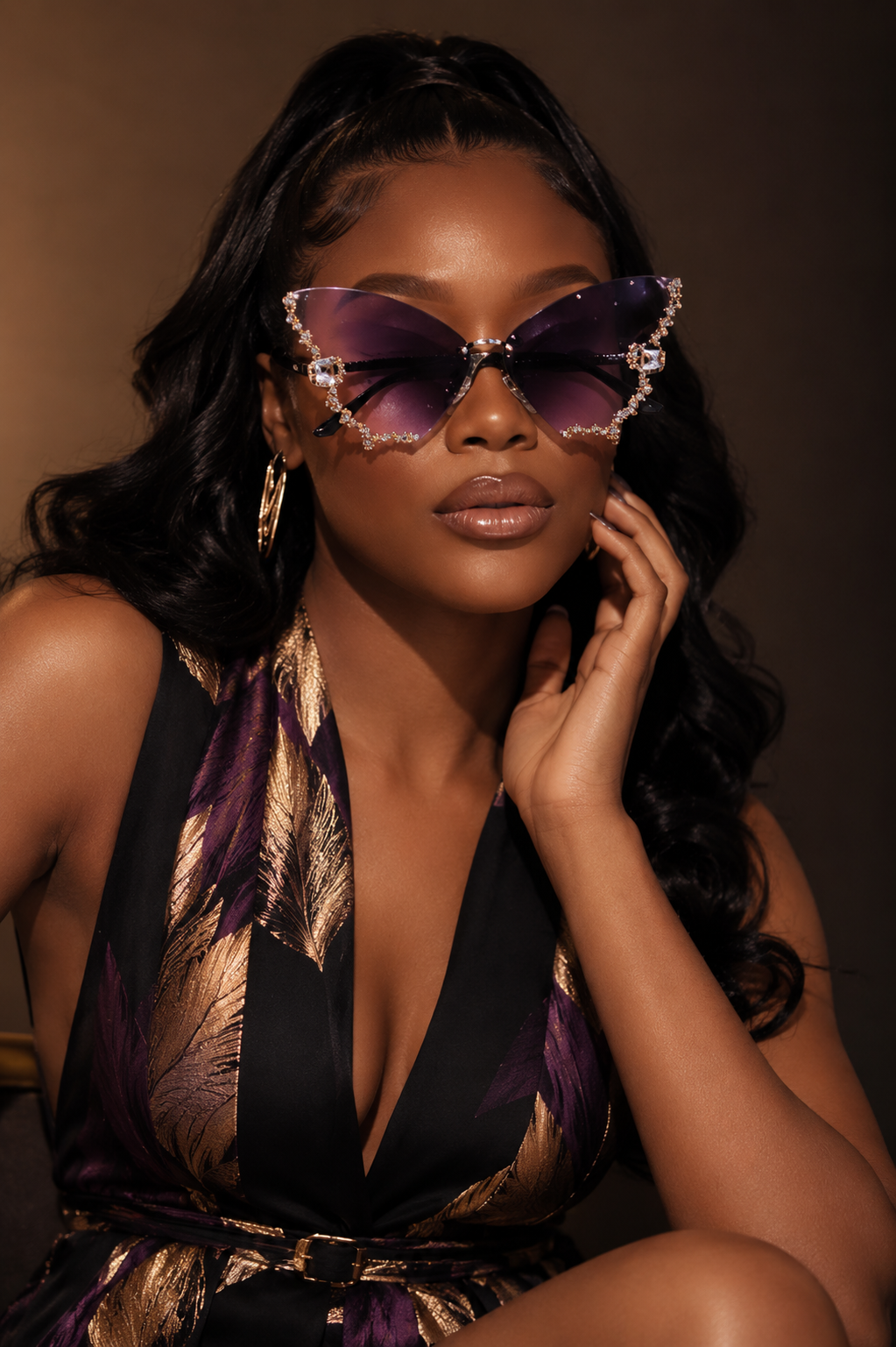 Rimless butterfly sunglasses by Rose In Concrete with clear lenses and sleek, modern design for stylish eye protection.