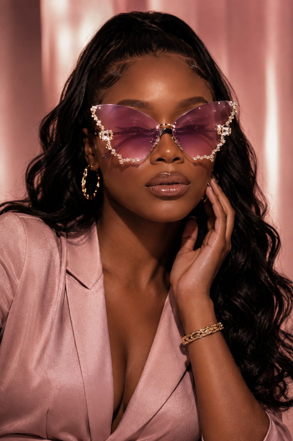 Rimless butterfly-shaped sunglasses by Rose In Concrete featuring clear lenses and a modern, stylish design.