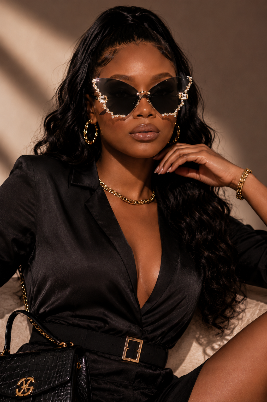 Rimless butterfly sunglasses by Rose In Concrete with tinted lenses and sleek design for a stylish, modern look.