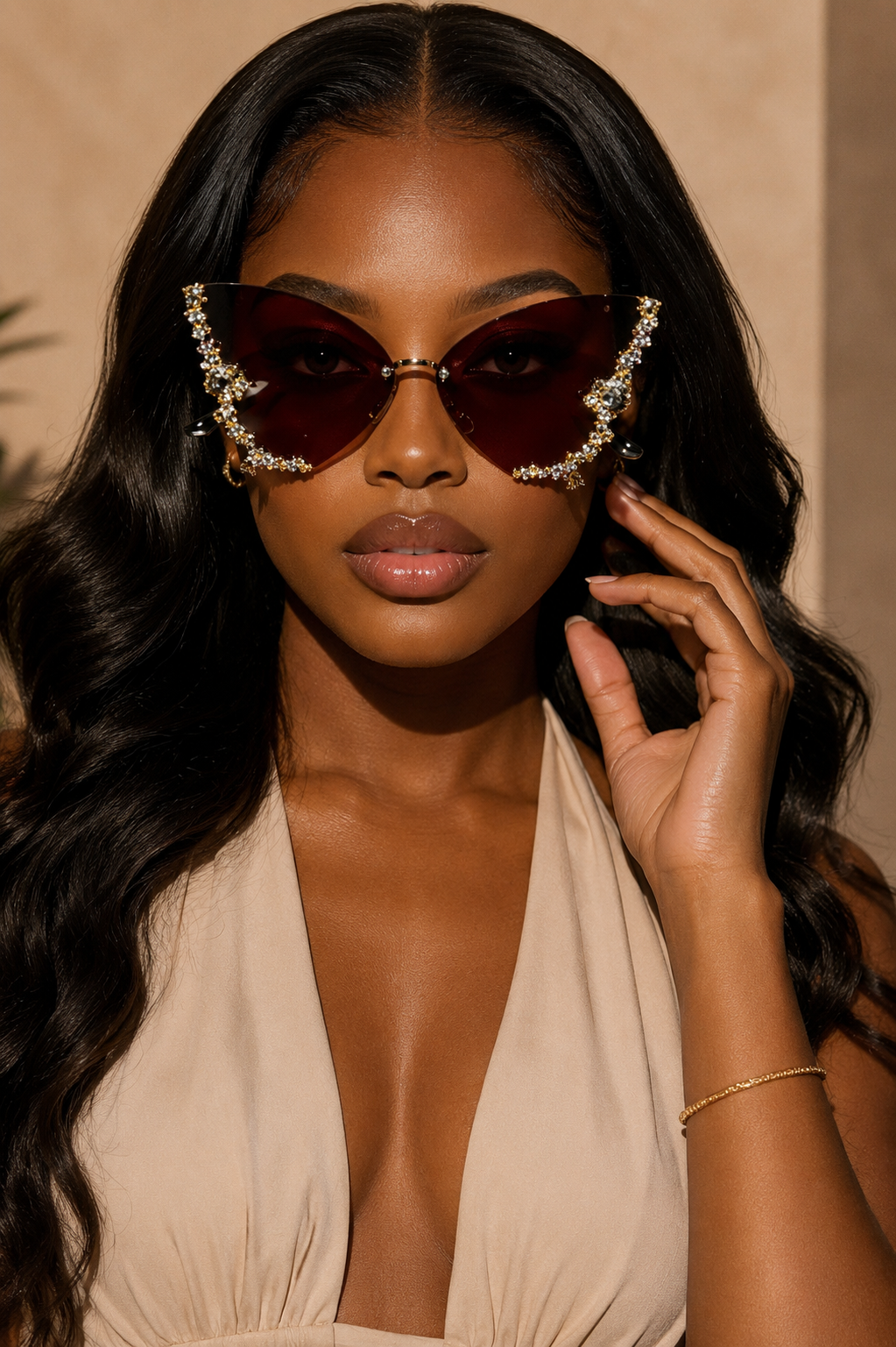 Rose In Concrete rimless butterfly sunglasses with clear lenses and thin metal temples, stylish and lightweight for sunny days.