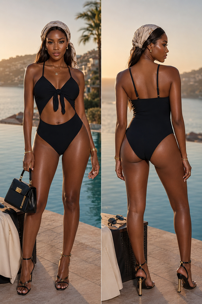 Rose In Concrete cutout tie-front one-piece swimsuit featuring a stylish design and flattering fit, perfect for beach or pool.