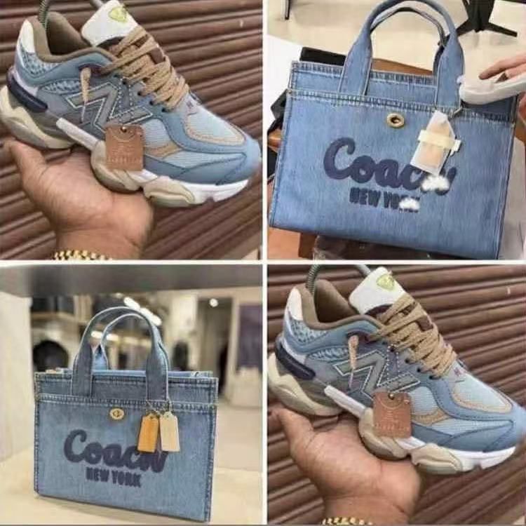 Denim 2-piece set with sneakers and tote showcasing bold sneakers and coordinating tote bag.
