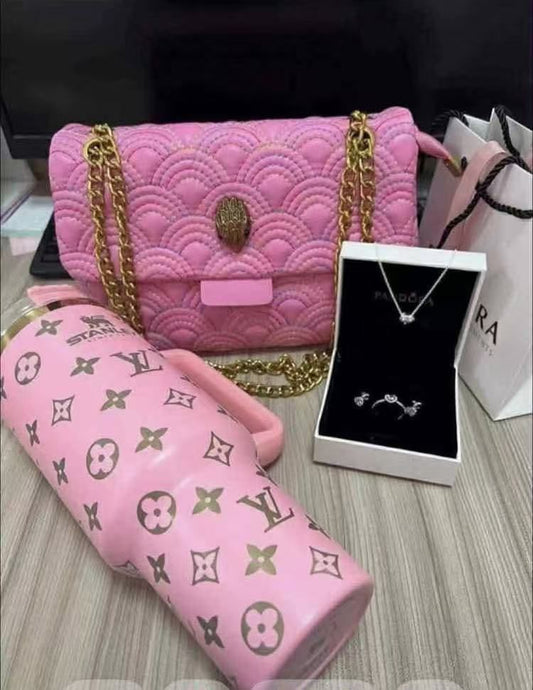 Luxury Designer-Inspired Pink 3-Piece Accessory Set | Quilted Chain Bag, Jewelry & Travel Tumbler