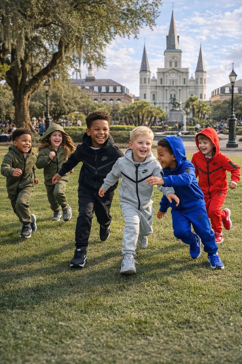 Alt Tag: Kids Premium Tech Lightweight Tracksuit Set Zip Hoodie & Jogger Set Athletic Sweatsuit on kids running in park wearing zip hoodies and joggers