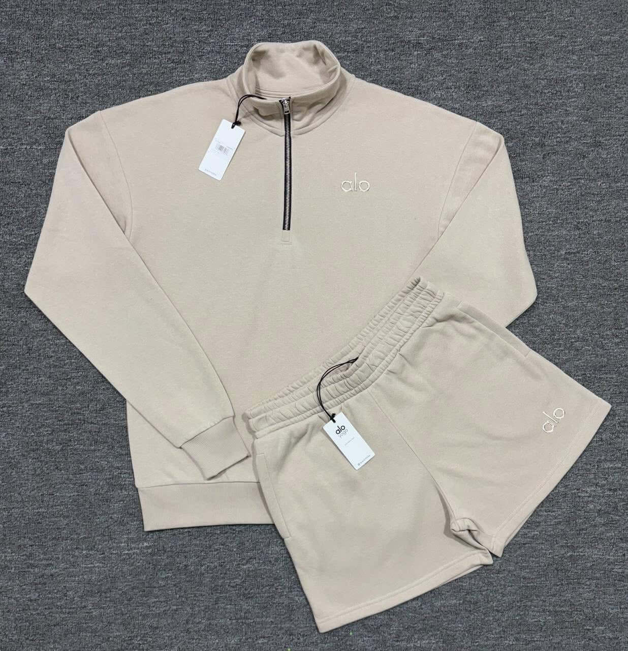 Quarter Zip Pullover & Shorts Premium Lounge Set Soft Fleece Athleisure Outfit in beige, quarter-zip top and shorts