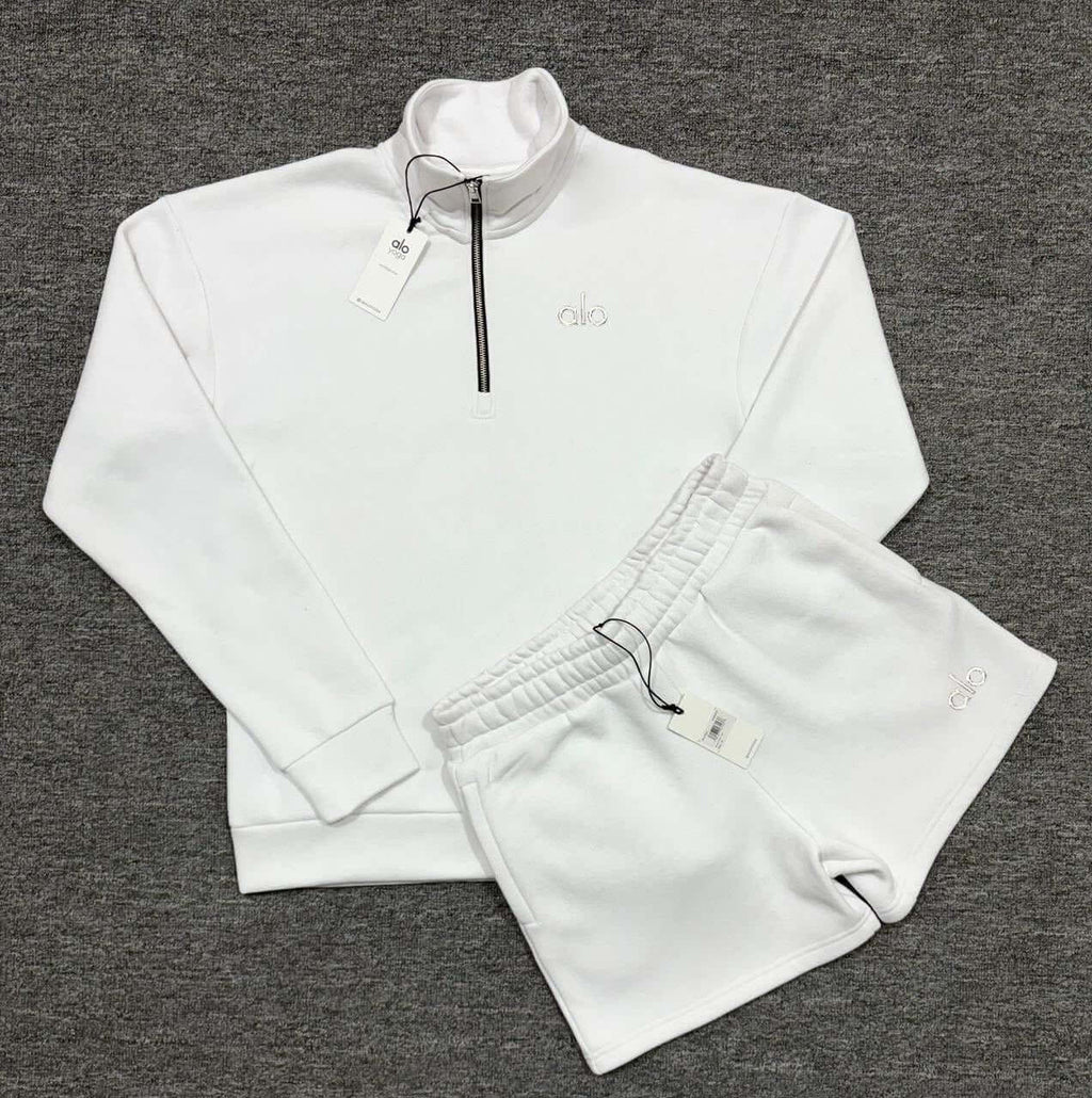Quarter Zip Pullover & Shorts Premium Lounge Set Soft Fleece Athleisure Outfit in white fleece