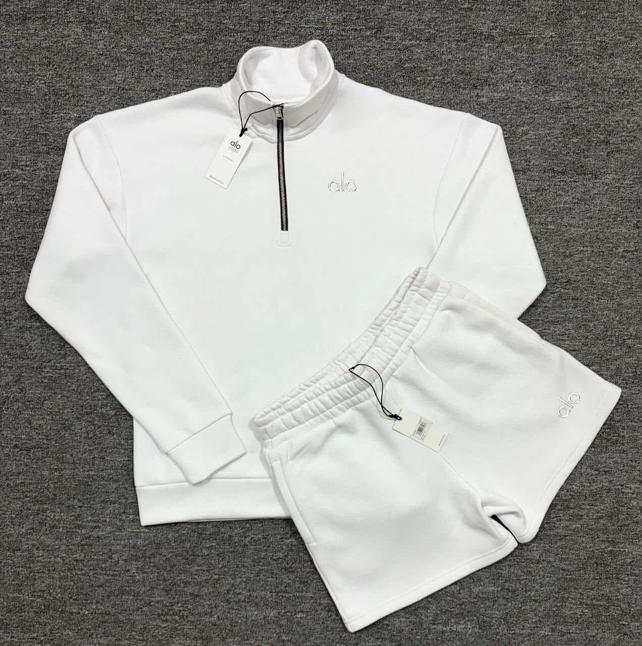 Quarter Zip Pullover & Shorts Premium Lounge Set Soft Fleece Athleisure Outfit in white fleece