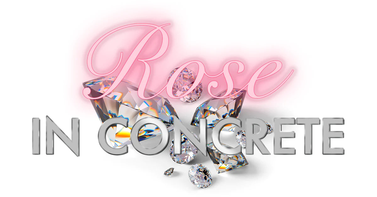 Rose in Concrete gift card design featuring sparkling crystals and bold typography.