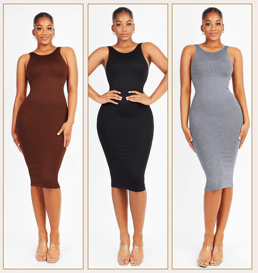 Shapewear Bodycon Dress – Tummy Control Snatch Dress – Seamless Sculpting Midi Dress (Black)