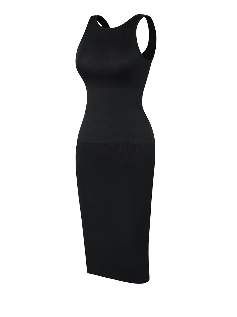 Shapewear Bodycon Dress – Tummy Control Snatch Dress – Seamless Sculpting Midi Dress (Black)
