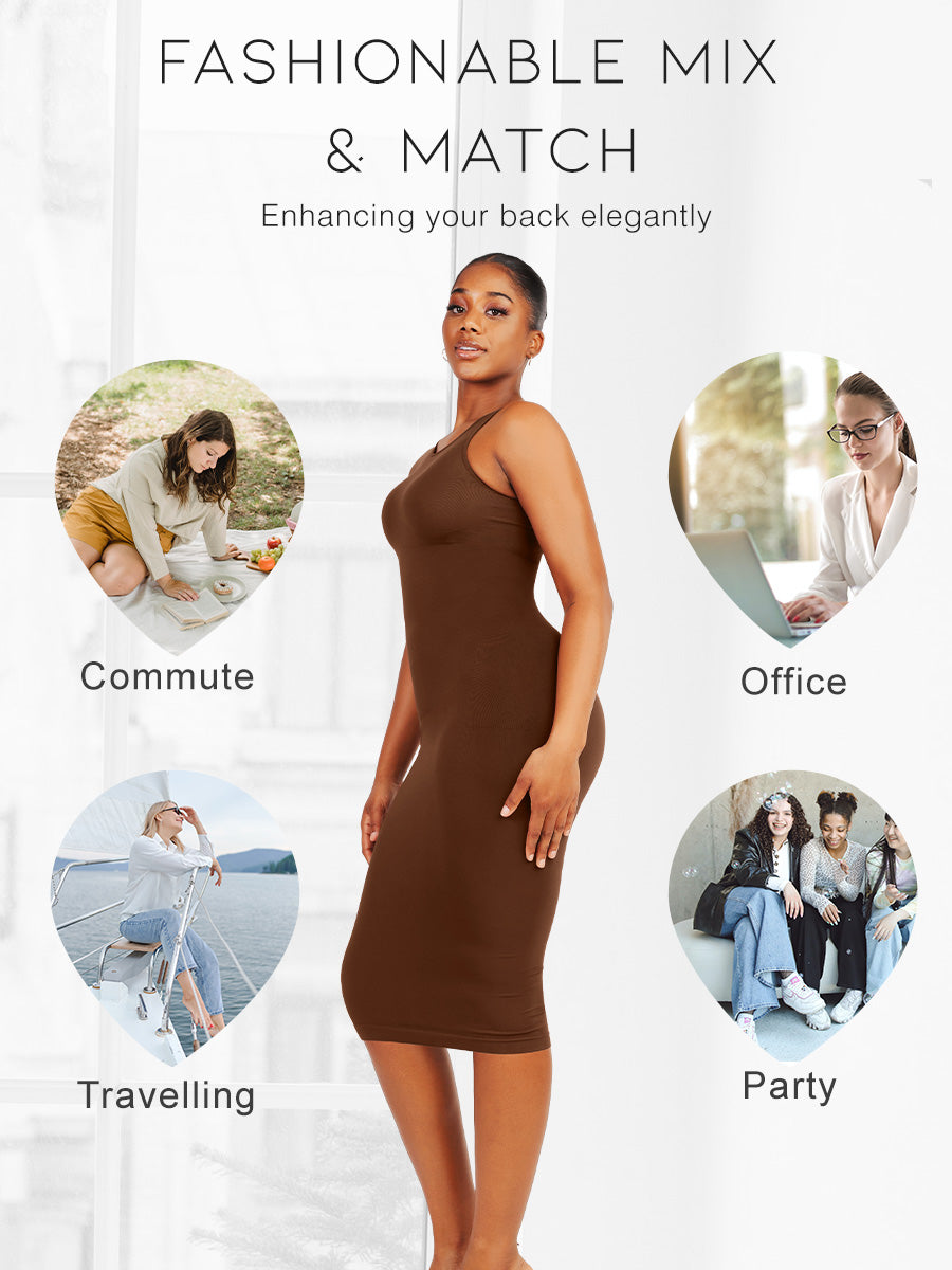 Shapewear Bodycon Dress – Tummy Control Snatch Dress – Seamless Sculpting Midi Dress (Black)