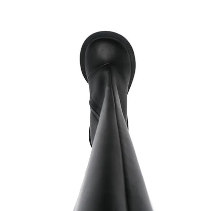 Alt Tag: Heartbreak Heeled Mid-Calf Boots black microfiber leather womens fashion boots with sculptural curved heart heel, top view