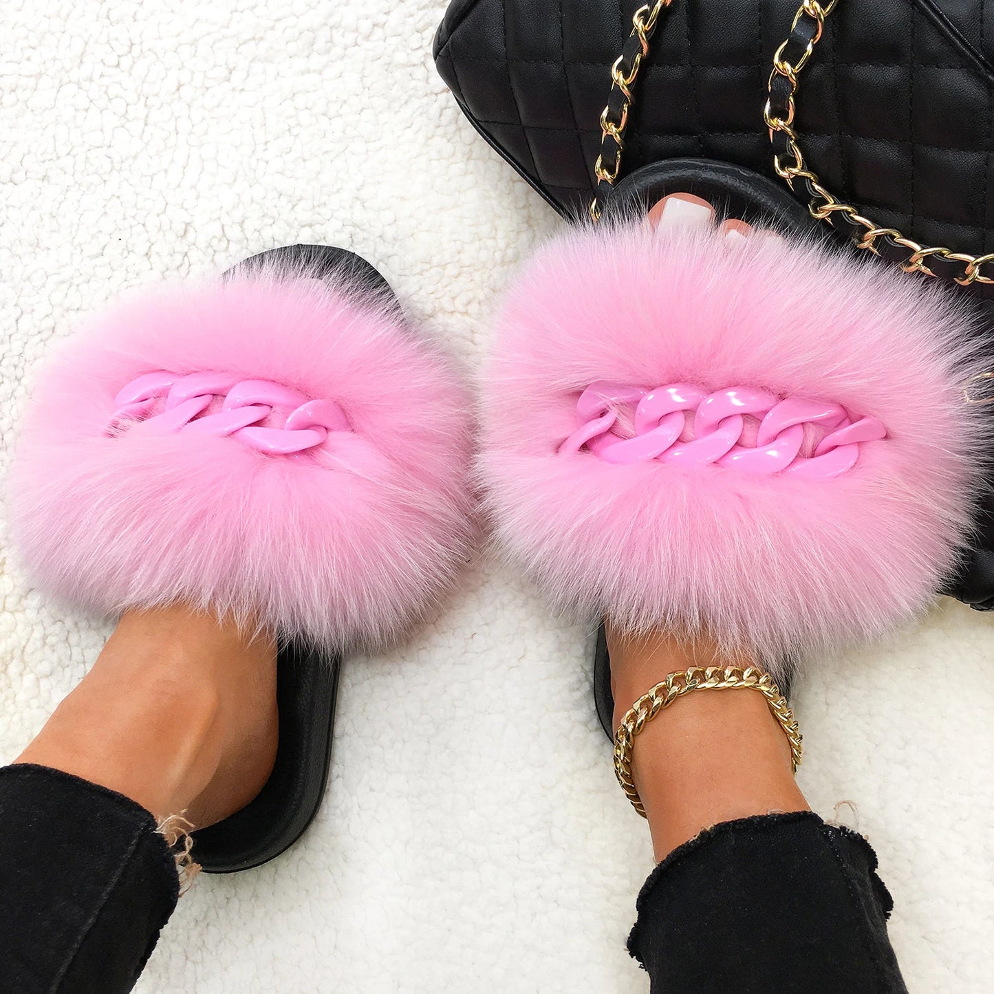 Women’s Fluffy Fox Fur Chain Slides, product view 13 - Rose in Concrete