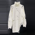 Alt Tag: Distressed Half-Zip High Collar Knit Sweater in white, oversized distressed knit with shredded detailing, asymmetrical hem and mock collar