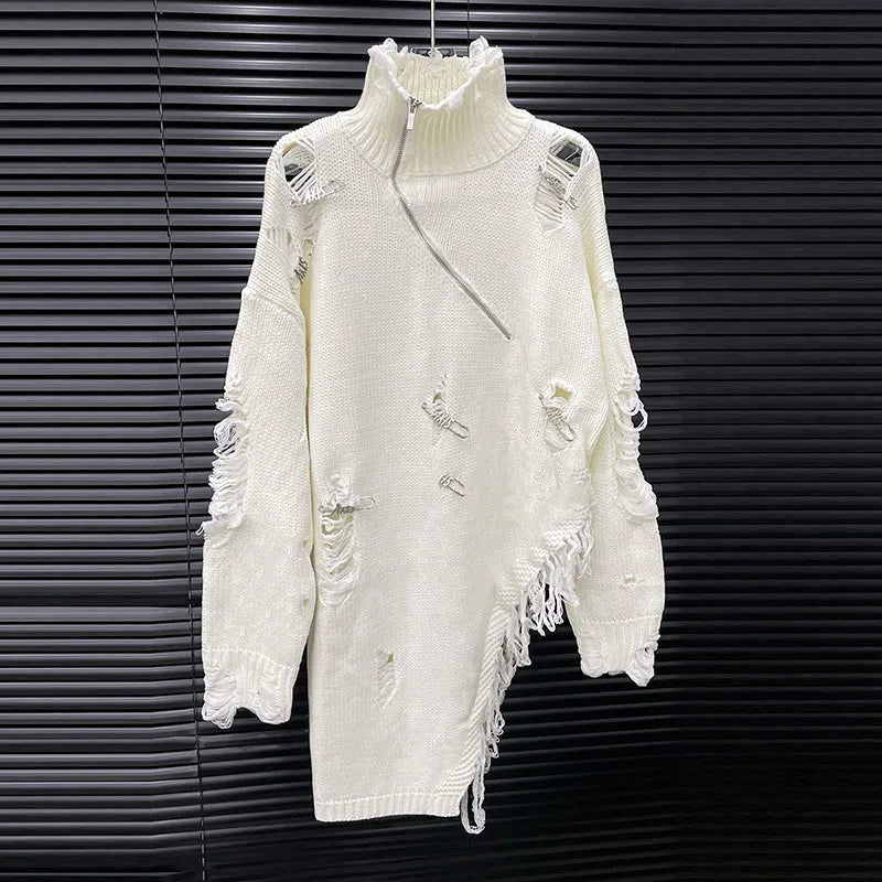 Alt Tag: Distressed Half-Zip High Collar Knit Sweater in white, oversized distressed knit with shredded detailing, asymmetrical hem and mock collar
