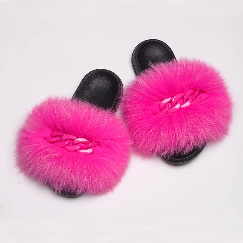 Women’s Fluffy Fox Fur Chain Slides, product view 16 - Rose in Concrete