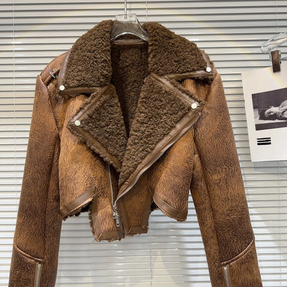 Faux-Leather Shearling Moto Jacket Cropped Winter Biker Coat - Rose In Concrete 🥀