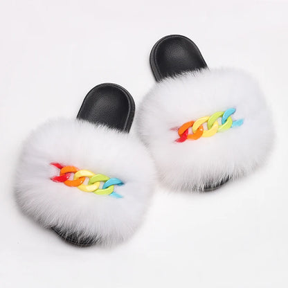 Women’s Fluffy Fox Fur Chain Slides, product view 19 - Rose in Concrete