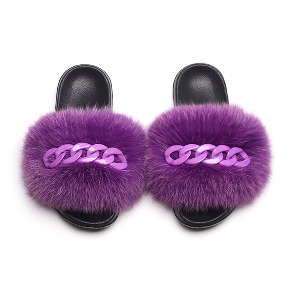 Women’s Fluffy Fox Fur Chain Slides
