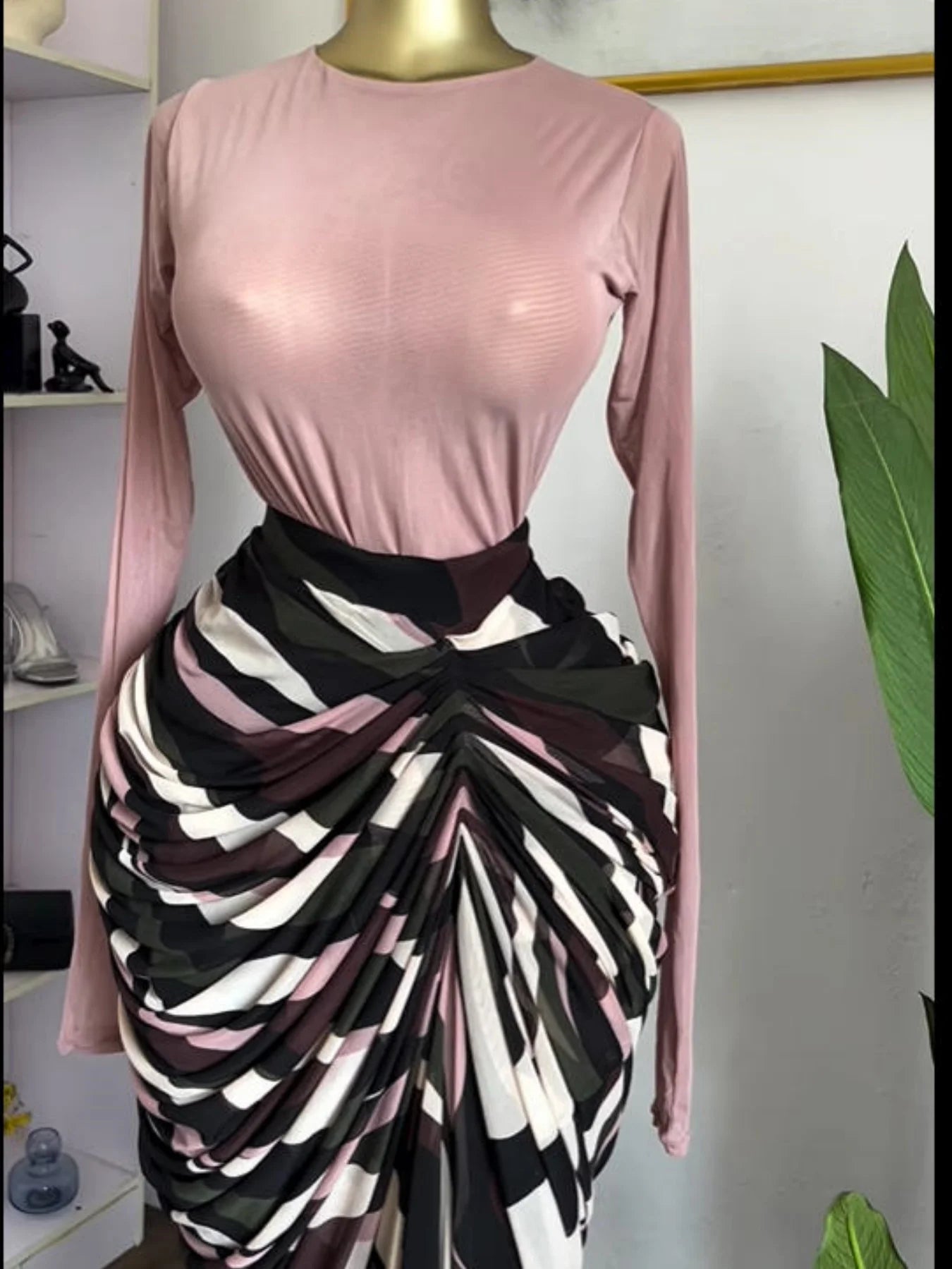 Alt Tag: Sculpted Mirage Draped Maxi Dress with fitted long-sleeve knit top and abstract printed draped skirt, hourglass silhouette