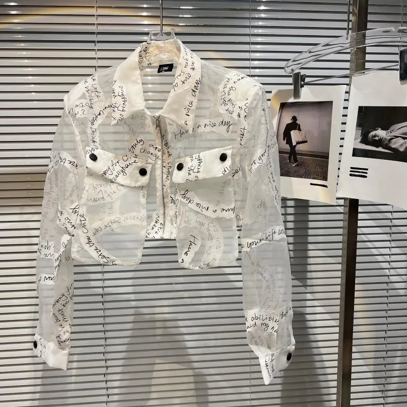 Transparent Mesh Crop Jacket – Turn-Down Collar & Lantern Sleeves - Rose In Concrete 🥀