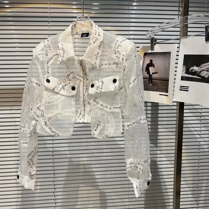 Transparent Mesh Crop Jacket – Turn-Down Collar & Lantern Sleeves - Rose In Concrete 🥀