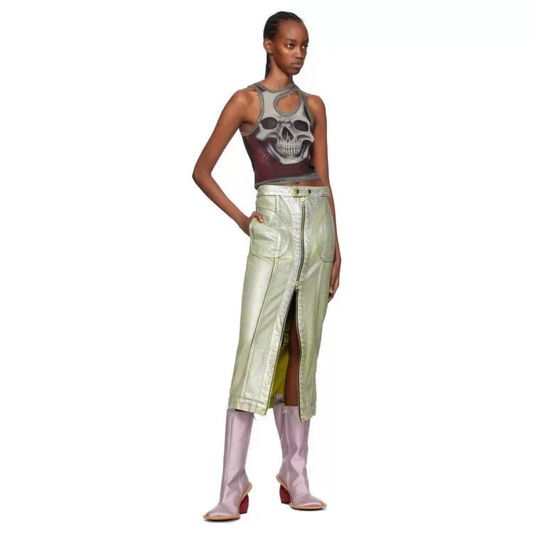 Heartbreak Heeled Mid-Calf Boots in lilac with curved heart heel, worn with metallic midi skirt in studio fashion look