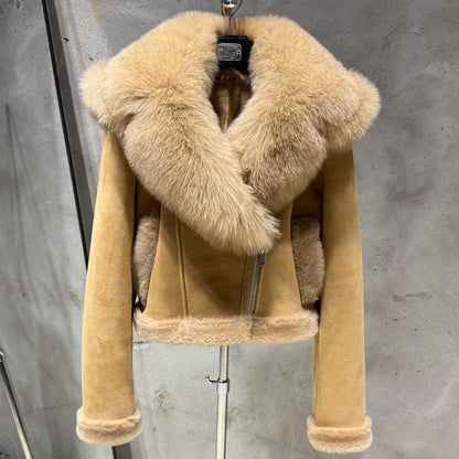 Shearling Luxe Fur-Collar Leather Jacket showcasing oversized fur collar and buttery leather exterior, ideal winter outerwear.