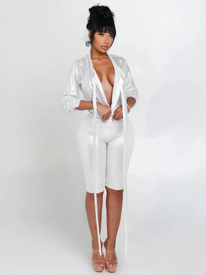 Sheer Wrap Crop Top & High-Waist Biker Shorts Set, product view 2 - Rose in Concrete