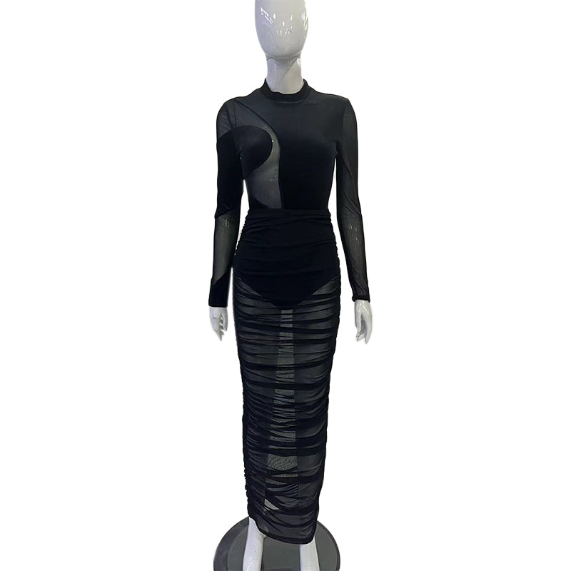 Black Velvet + Mesh Illusion 2-piece maxi dress set with mock-neck bodysuit and ruched sheer mesh skirt
