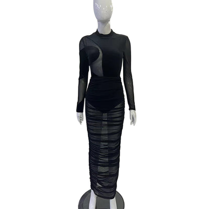Black Velvet + Mesh Illusion 2-piece maxi dress set with mock-neck bodysuit and ruched sheer mesh skirt