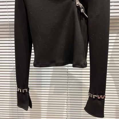 Asymmetric Zip Sculpt Long-Sleeve Top – Minimalist Streetwear Cutout Tee black cropped top with diagonal zip and wrist accents