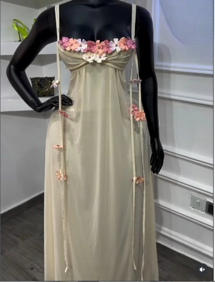 Garden Muse Floral Appliqué Mesh Maxi Dress, product view 2 - Rose in Concrete
