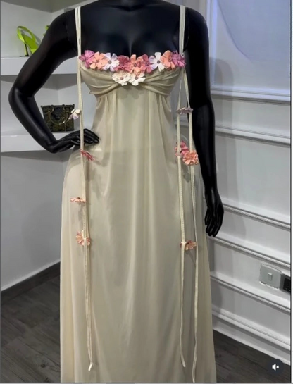 Garden Muse Floral Appliqué Mesh Maxi Dress, product view 2 - Rose in Concrete