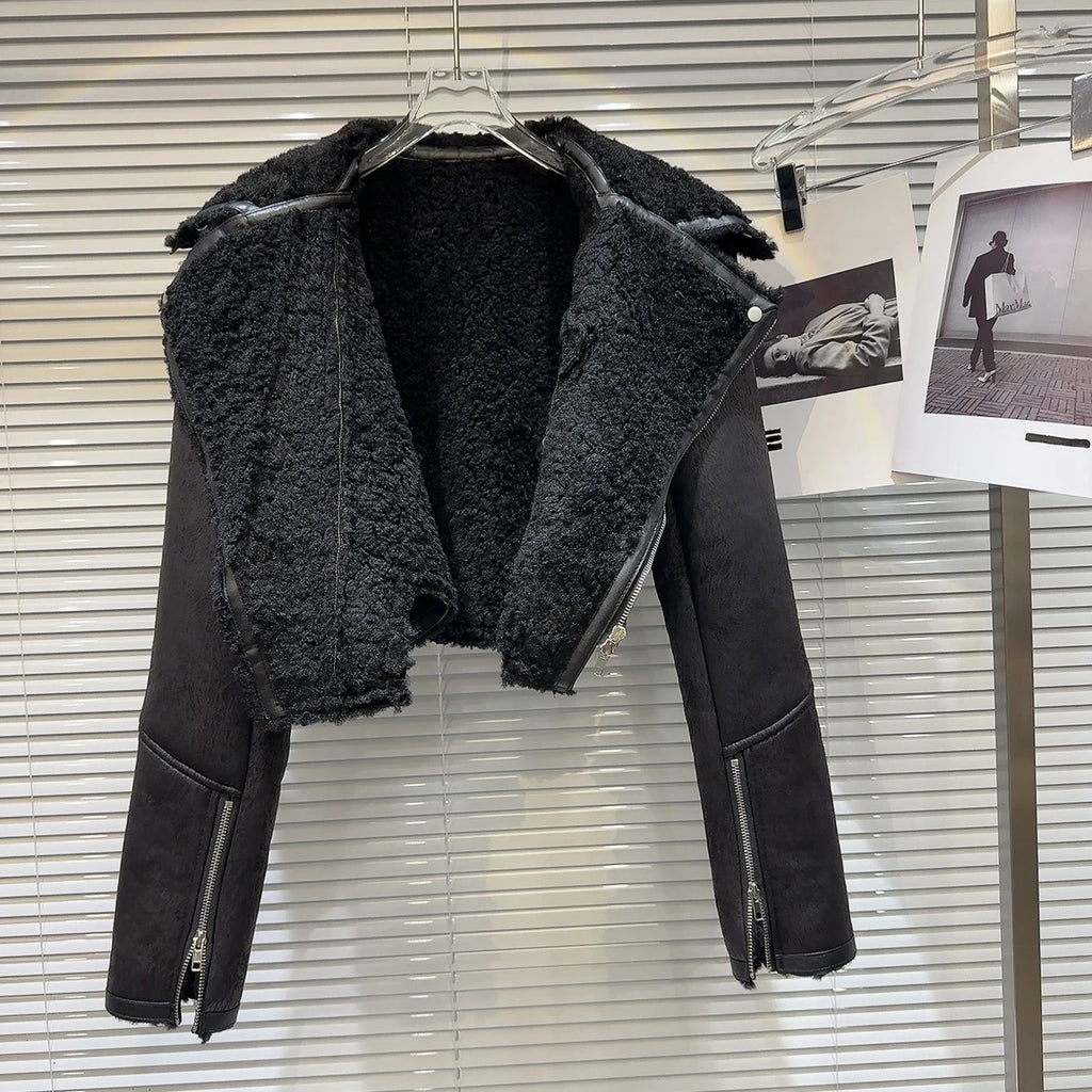 Faux-Leather Shearling Moto Jacket Cropped Winter Biker Coat - Rose In Concrete 🥀