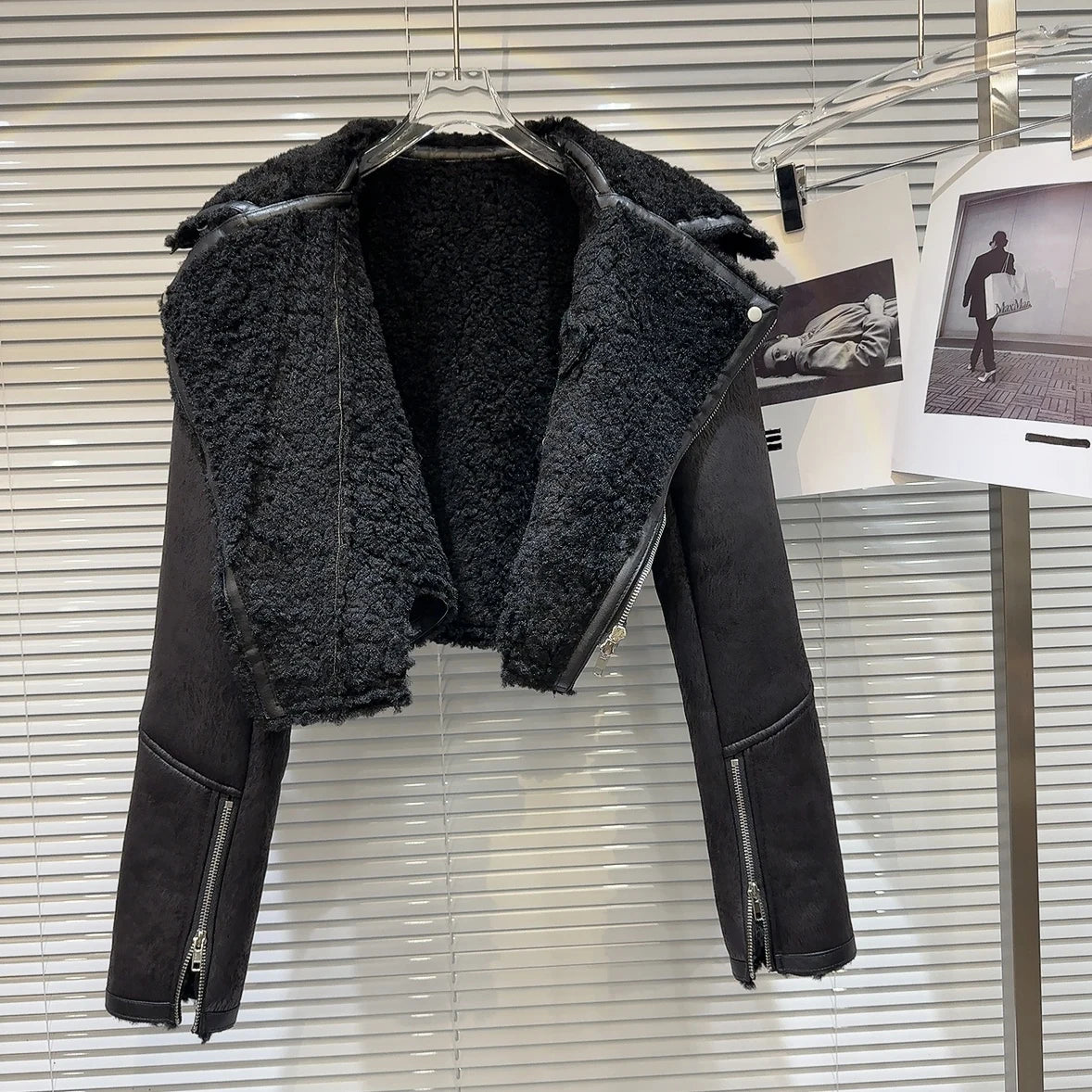 Faux-Leather Shearling Moto Jacket Cropped Winter Biker Coat