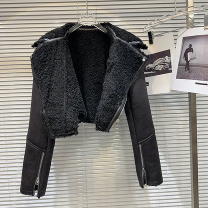 Faux-Leather Shearling Moto Jacket Cropped Winter Biker Coat - Rose In Concrete 🥀