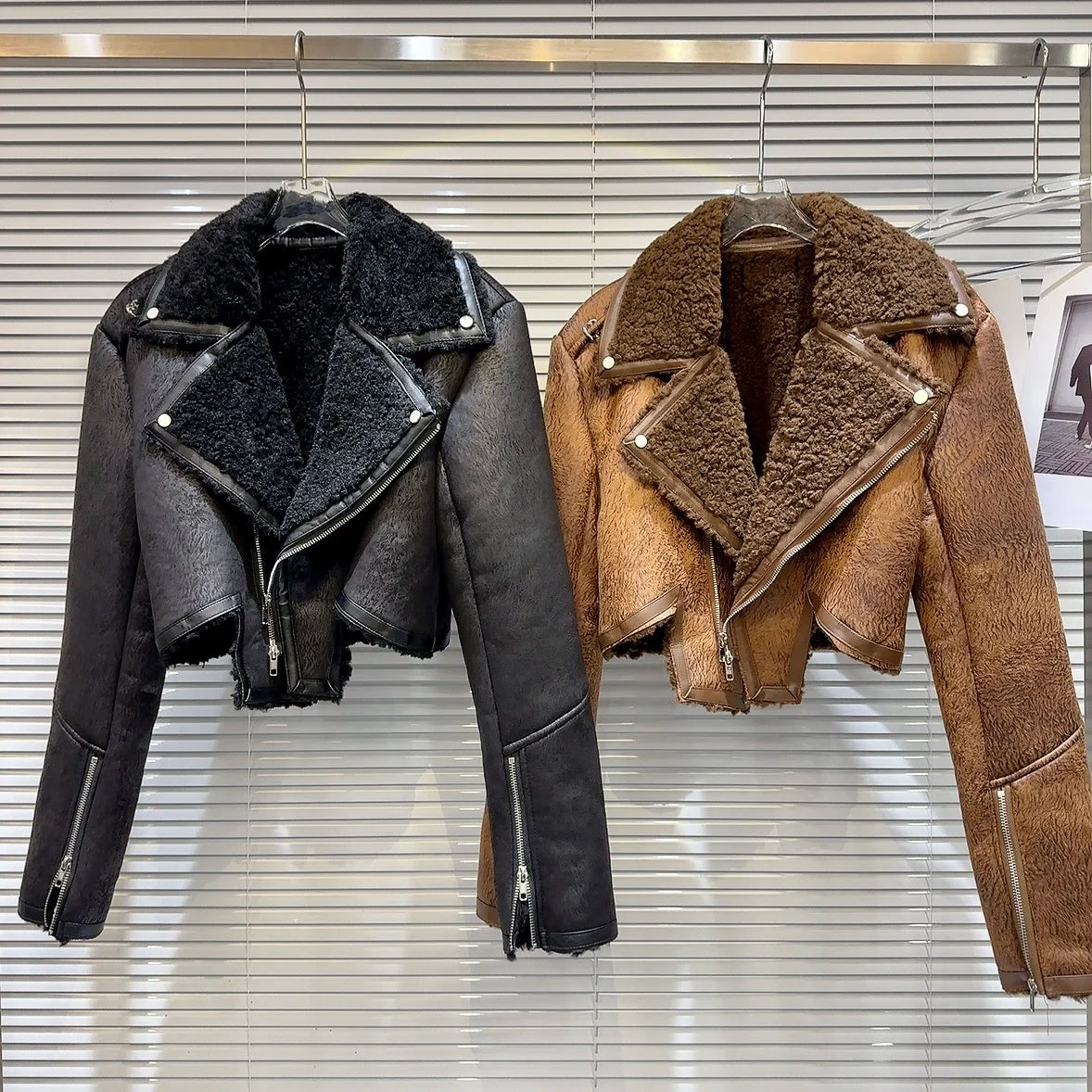 Faux-Leather Shearling Moto Jacket Cropped Winter Biker Coat