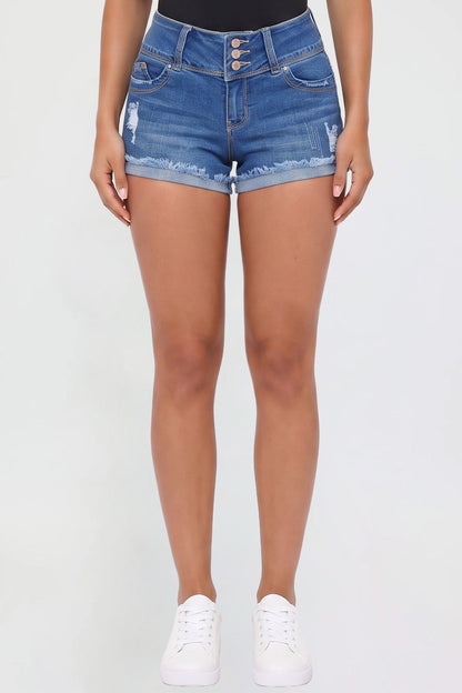 Alt Tag: mid rise stretch denim shorts for curvy women with 3-button front, cuffed hem, and light distressing in medium wash denim