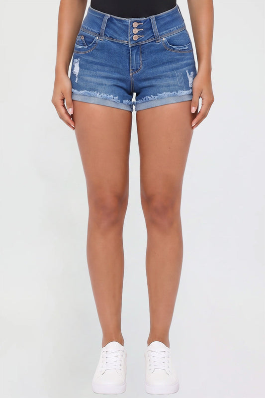 Alt Tag: mid rise stretch denim shorts for curvy women with 3-button front, cuffed hem, and light distressing in medium wash denim