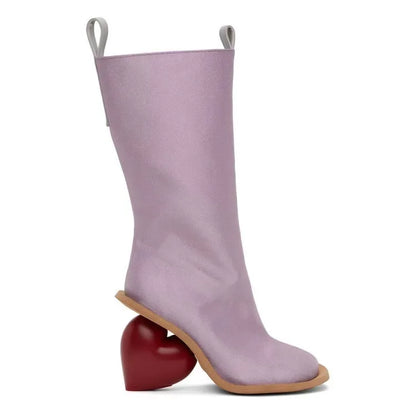 Heartbreak Heeled Mid-Calf Boots in lilac microfiber leather with sculptural curved heart heel, women’s fashion statement boot side view